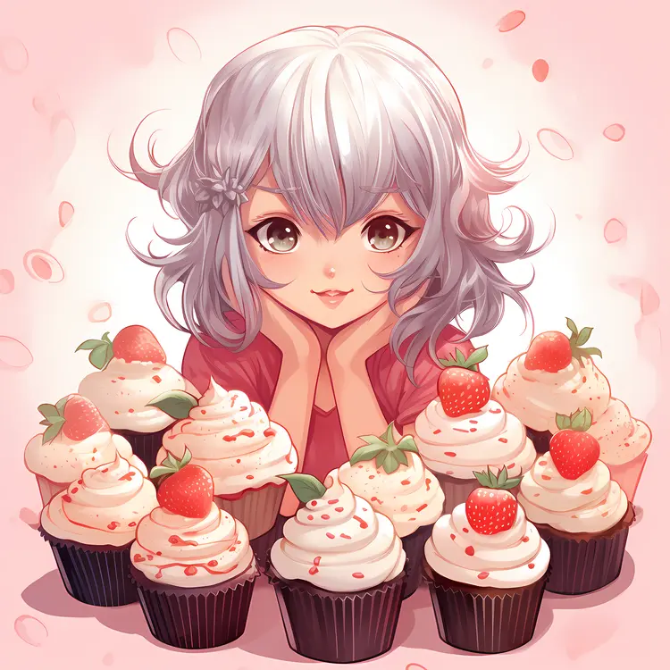 Anime Girl with Strawberry Cupcakes