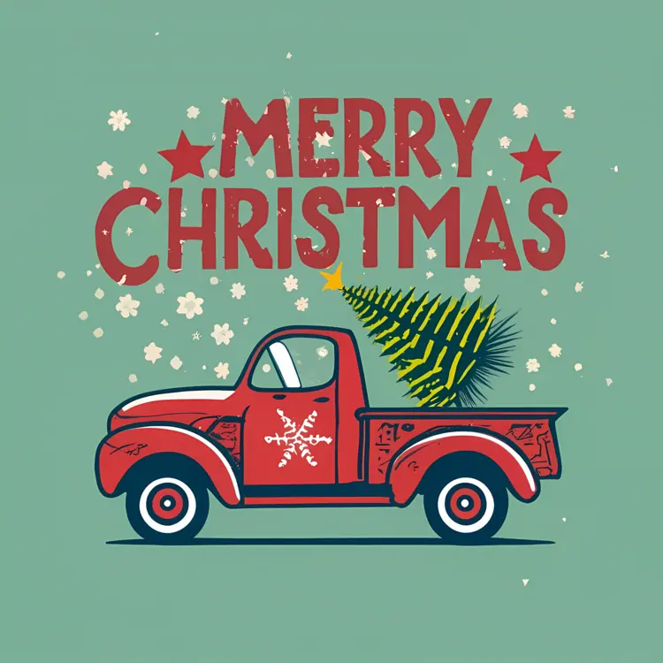 Red Truck with Christmas Tree and Merry Christmas Text