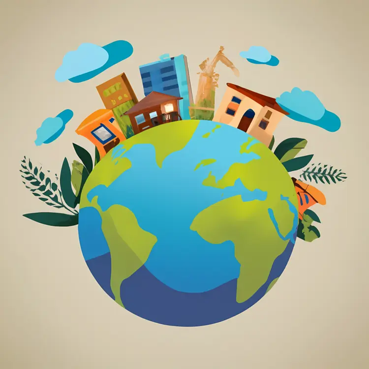 Earth with Houses and Leaves in a Circular Pattern