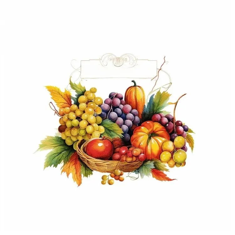 Autumn Harvest Basket with Pumpkins and Grapes