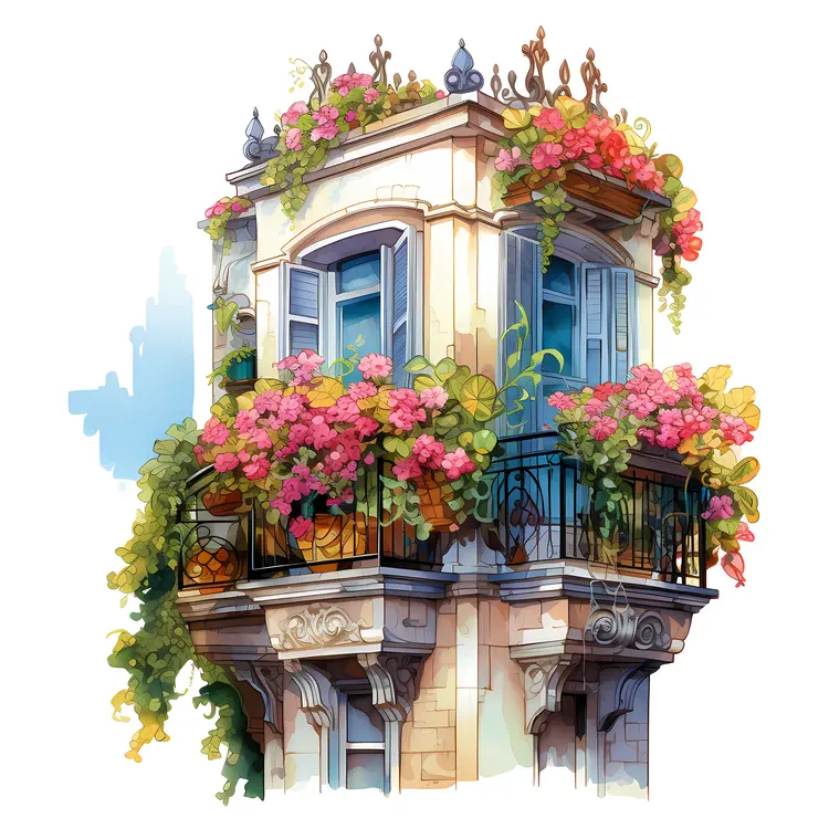Ornate Balcony with Vibrant Flowers