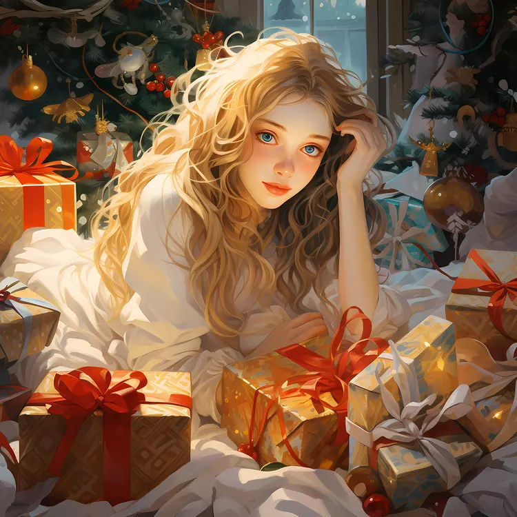 Girl Surrounded by Christmas Gifts
