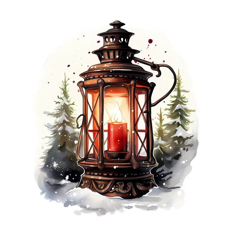 Bronze Lantern with Candle and Winter Decorations