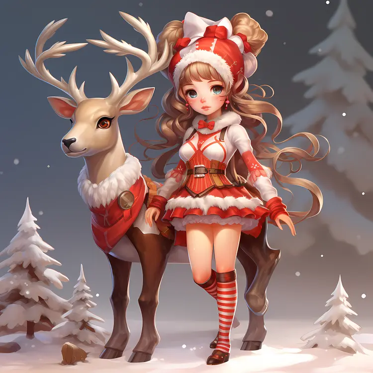 Girl with Antlers and Reindeer in Snowy Scene