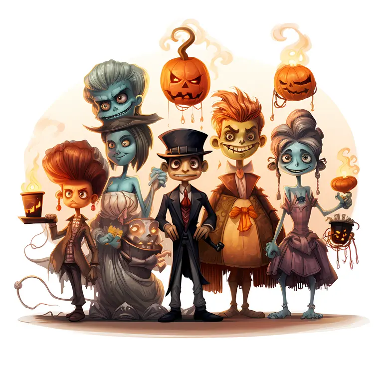 Family in Halloween Costumes with Pumpkins