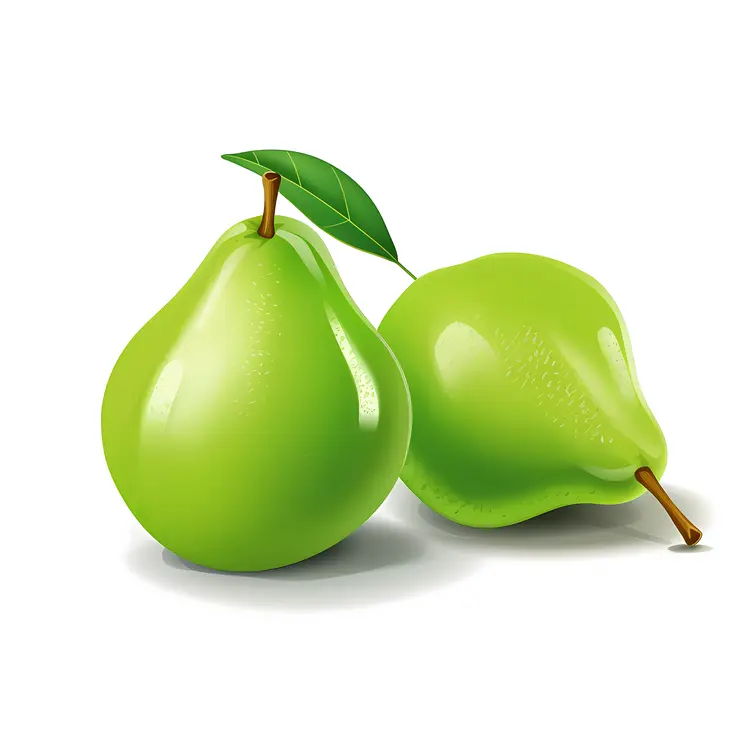 Two Green Pears with Leaf