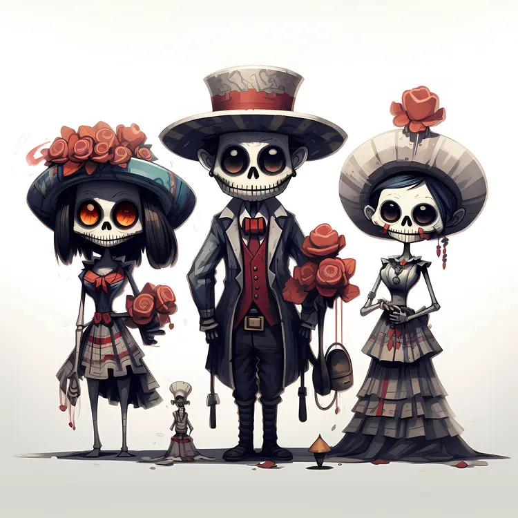 Skeleton Family with Hats and Roses