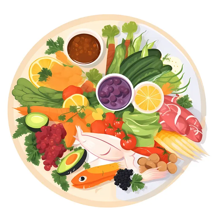 Colorful Food Platter with Vegetables
 Fruits
 and Meat