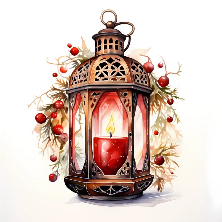 Lantern with Red Candle and Holly for Christmas
