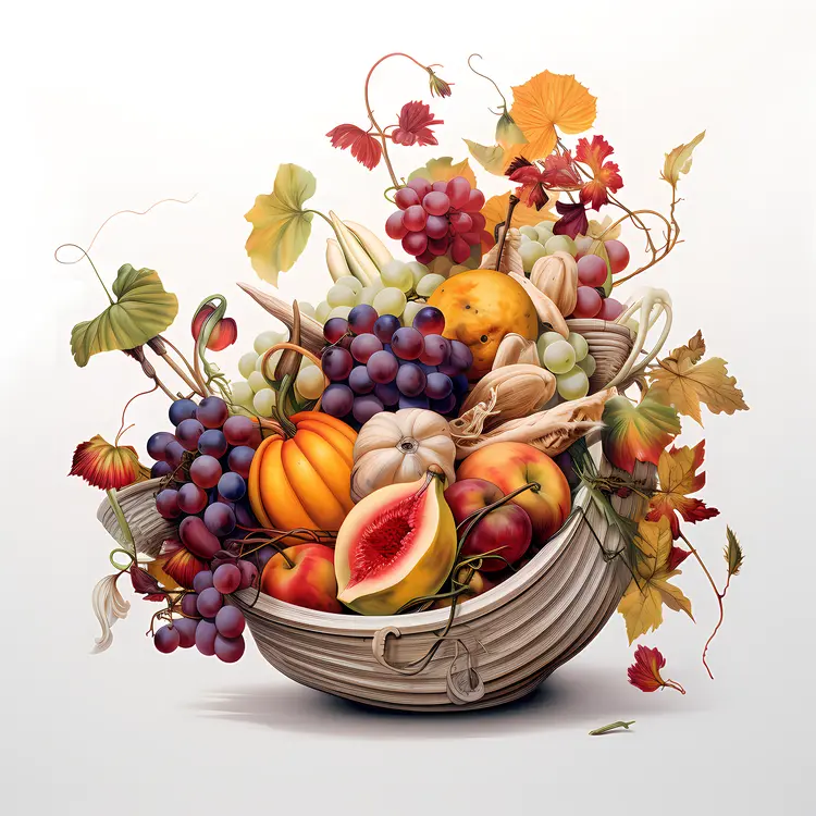 Cornucopia Basket Overflowing with Fruits and Autumn Leaves