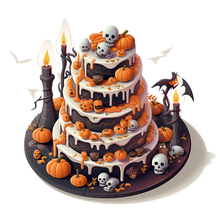 Multi-tier Halloween Cake with Skulls and Pumpkins