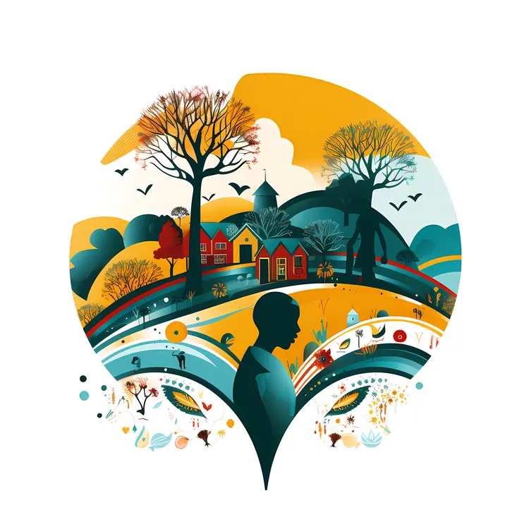 Colorful Countryside Scene with Hills and Houses
