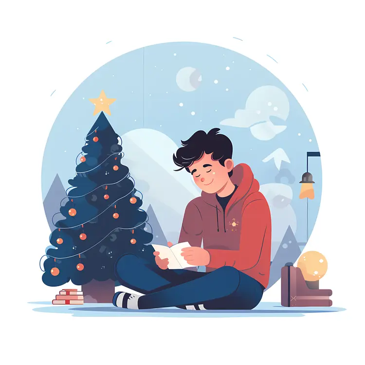 Man Reading by Christmas Tree
