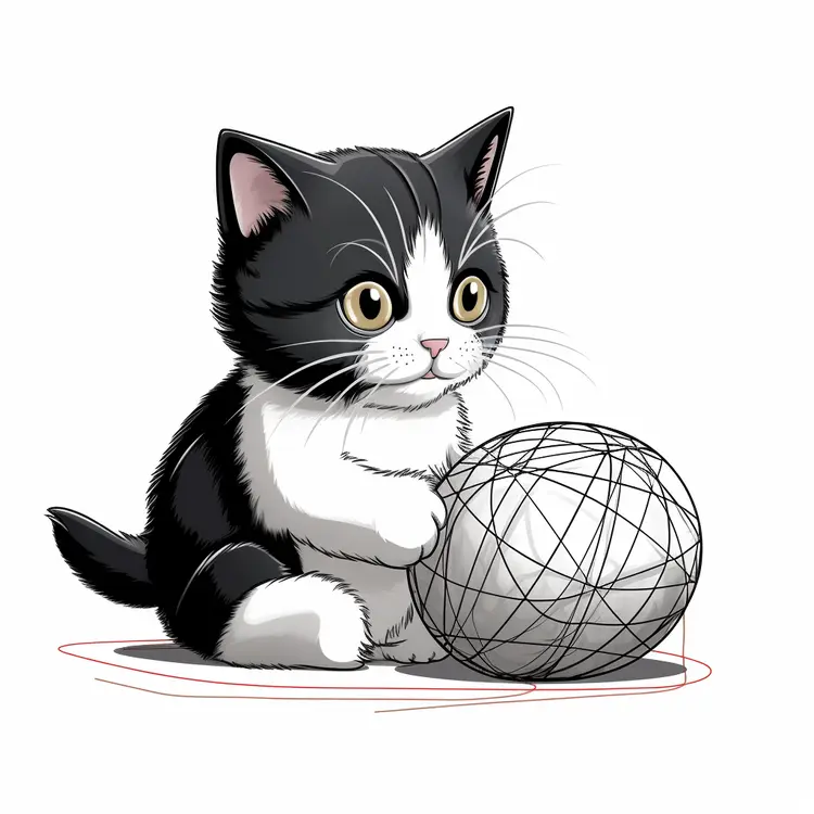 Cute Black and White Kitten Playing with Yarn