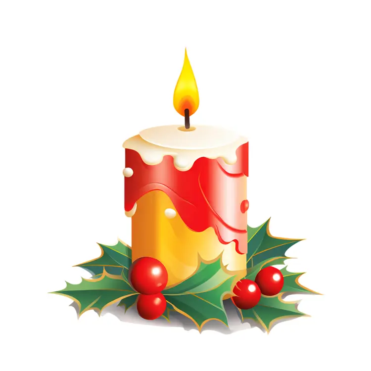 Yellow Candle with Holly Leaves and Berries