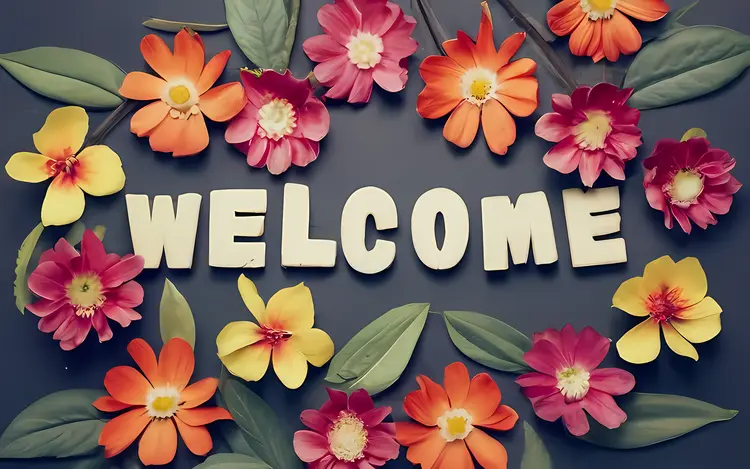 Welcome Text with Colorful Flowers and Leaves
