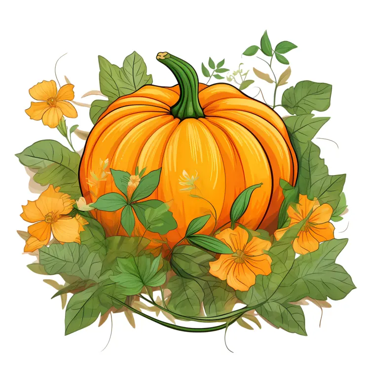 Pumpkin with Green Leaves and Orange Flowers