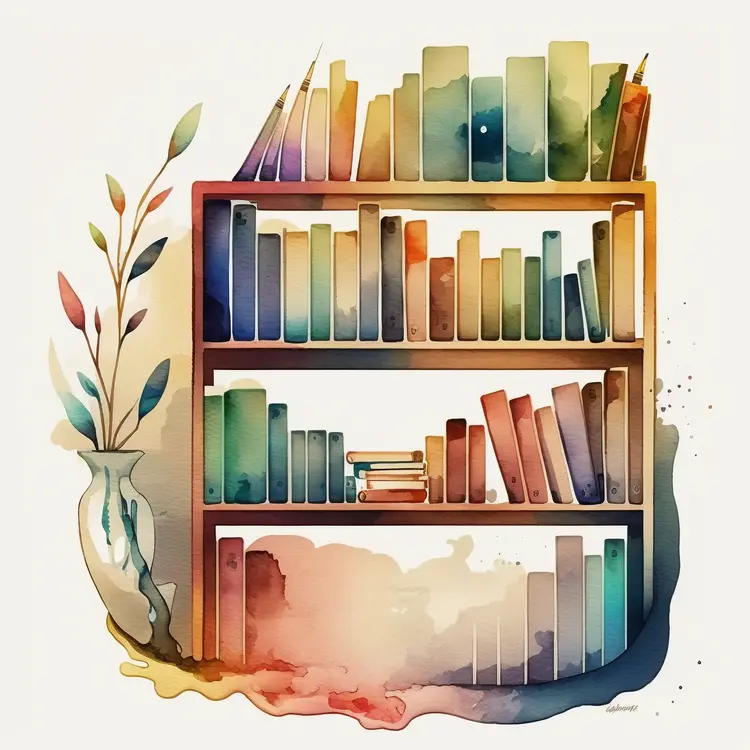 Colorful Bookshelf with Books and Vase