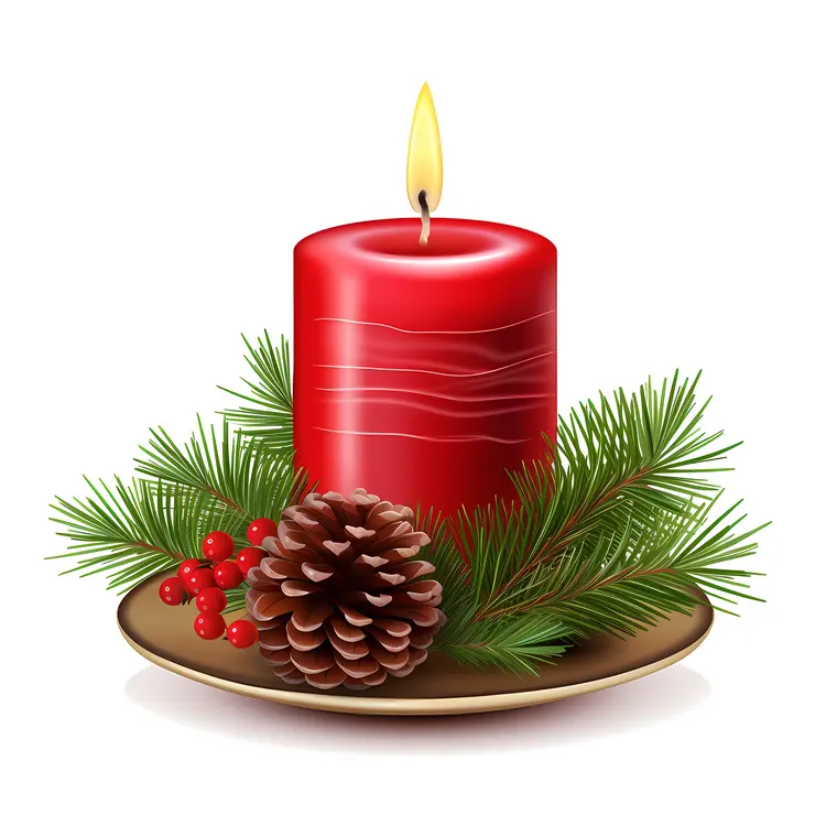Red Candle on Plate with Pinecone and Holly
