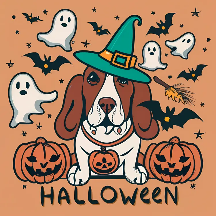 Dog in Witch Costume with Pumpkins and Ghosts