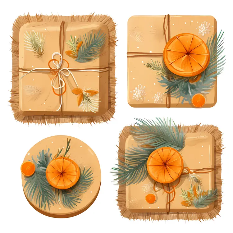 Four Gift Boxes with Pine Branches and Orange Slices