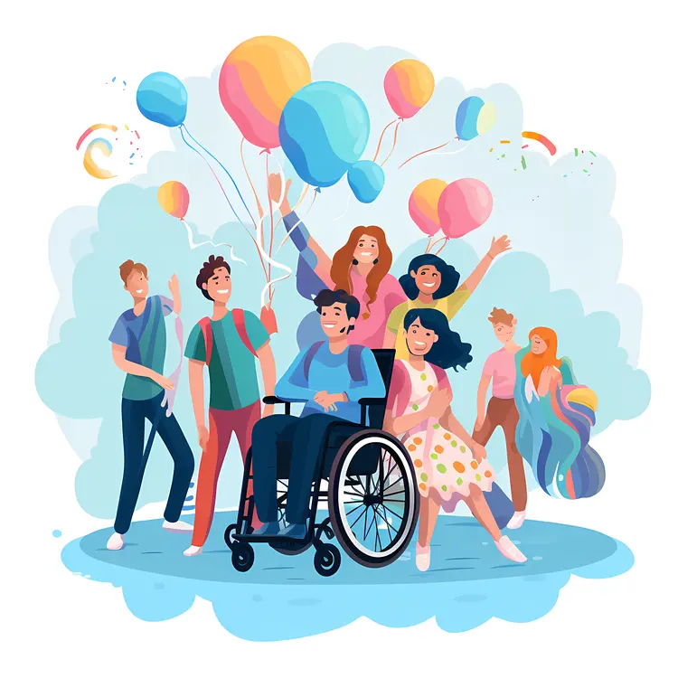Group of People with Wheelchair Celebrating with Balloons