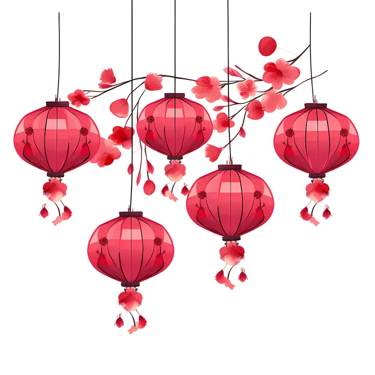 Traditional Red Chinese Lanterns with Flowers for Chinese New Year