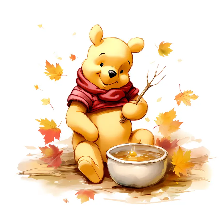 Yellow Bear with Honey Pot and Autumn Leaves