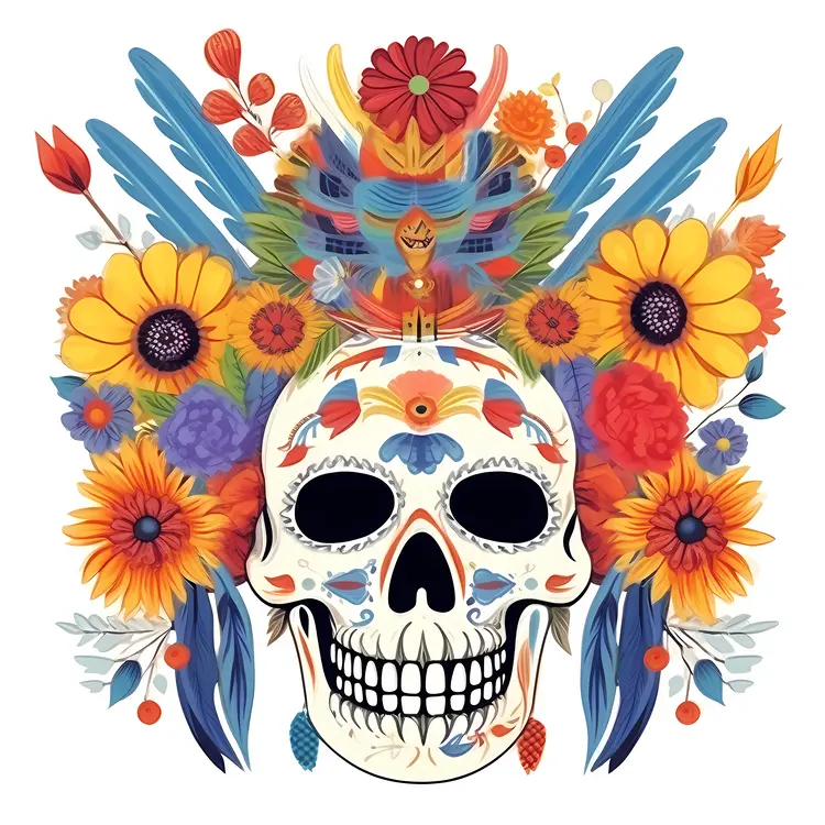Colorful Skull with Flowers for Day of the Dead Celebration