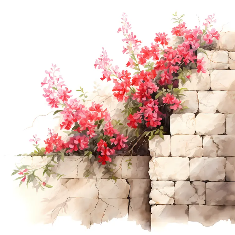 Red Flowers Blooming on Stone Wall