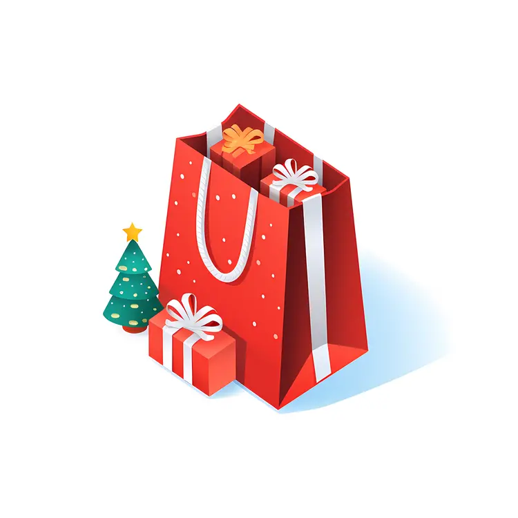 Red Gift Bag with Presents and Christmas Tree