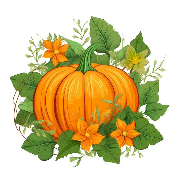 Pumpkin with Flowers and Leaves