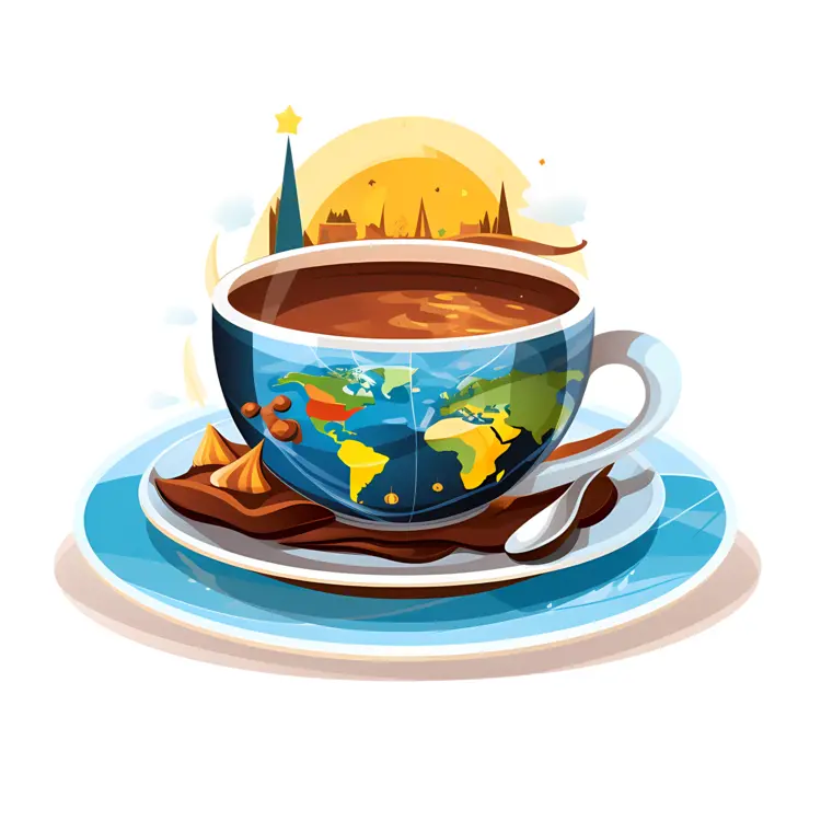 World Map Coffee Cup with Chocolate on Saucer