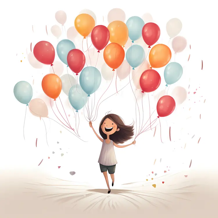 Girl Running with Colorful Balloons