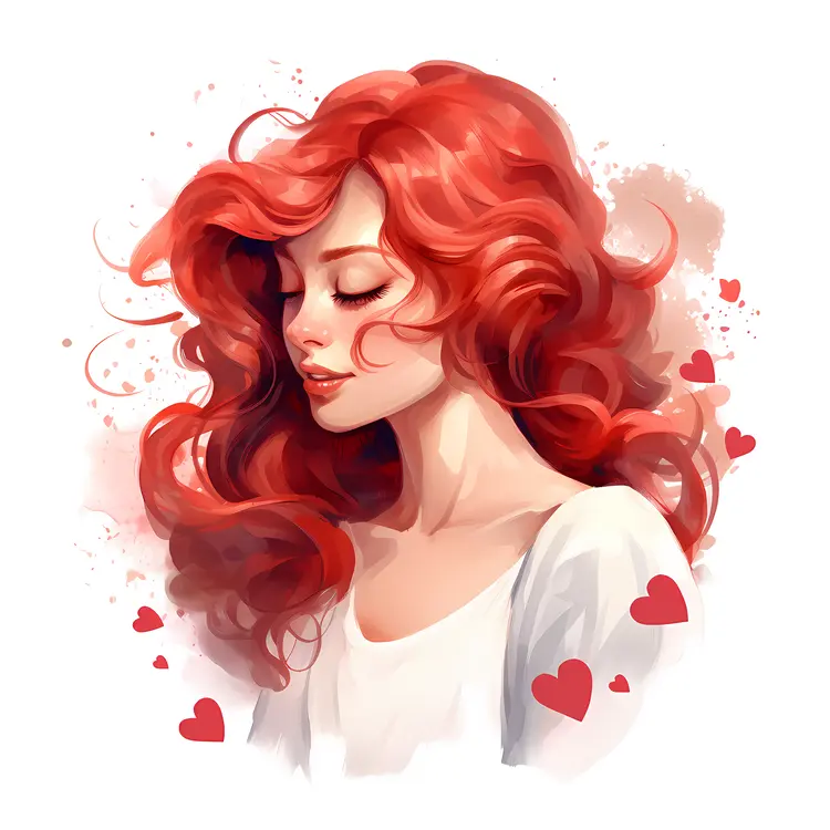 Red-Haired Woman with Closed Eyes and Hearts