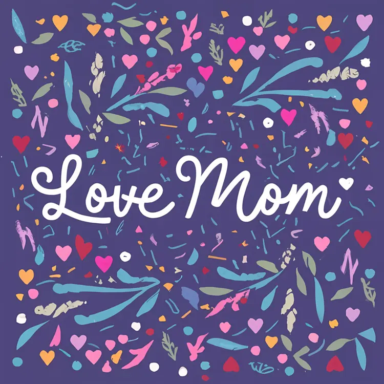 Love Mom with Colorful Heart and Leaf Decorations