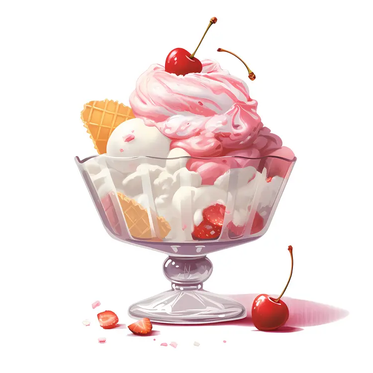 Delicious Pink Ice Cream Sundae with Cherry and Waffle Cone