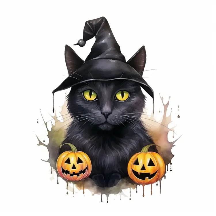 Black Cat with Witch Hat and Pumpkins for Halloween