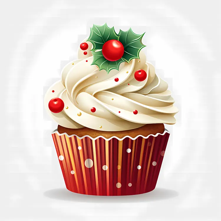 Christmas Cupcake with Holly and Red Berries