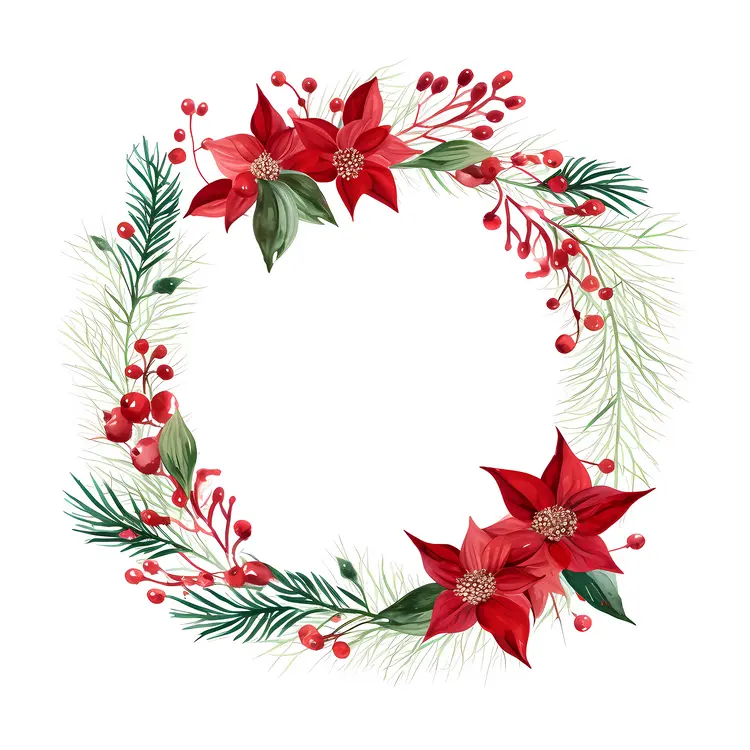 Red Poinsettia Wreath with Pine Branches and Red Berries