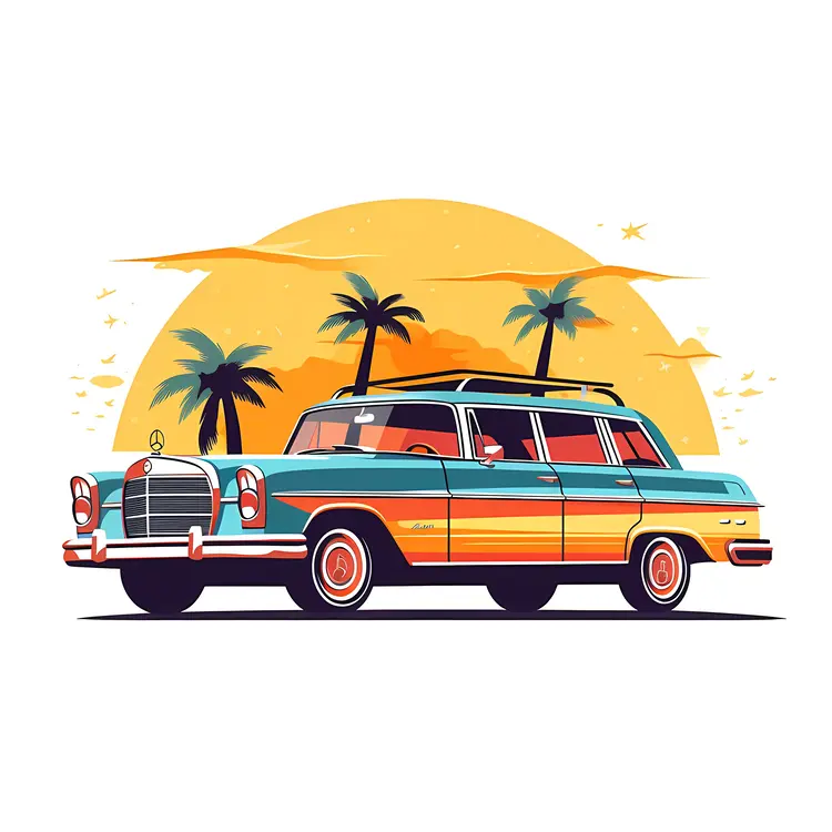 Retro Vintage Car with Tropical Sunset Background