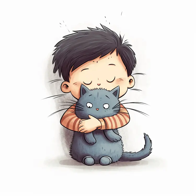Cute Boy Hugging a Cat in Cartoon Style