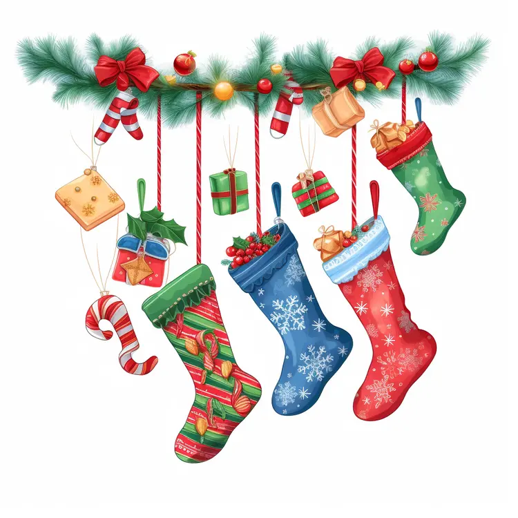 Festive Christmas Stockings with Gifts and Decorations