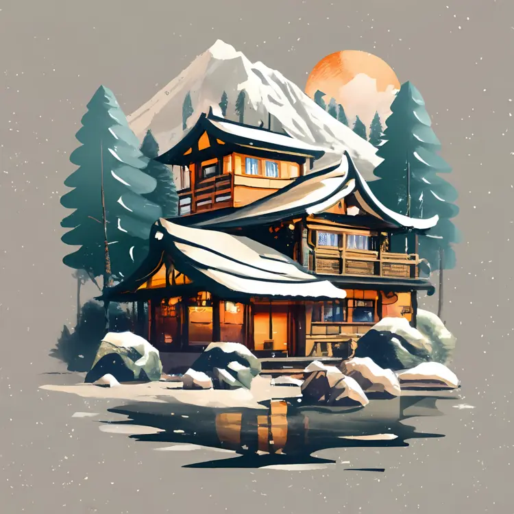Snowy Japanese House with Pine Trees and Mountain