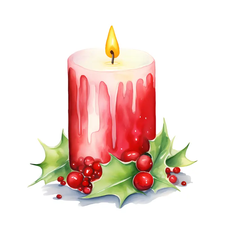 Red Candle with Holly and Berries