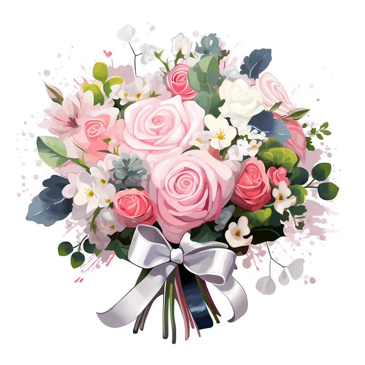 Beautiful Bouquet of Pink Roses with Ribbon