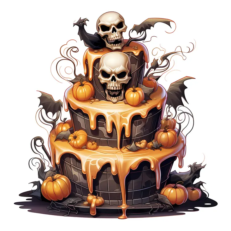 Halloween Cake with Skulls and Pumpkins