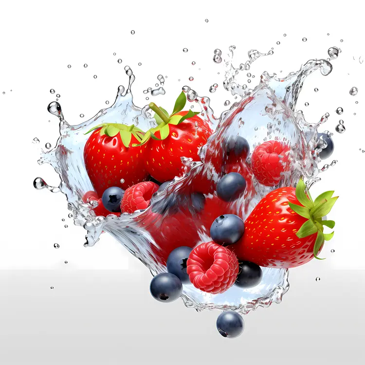 Fresh Strawberries and Berries Splashing in Water