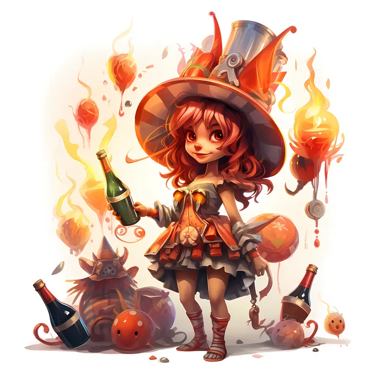 Girl in Witch Costume with Halloween Decorations
