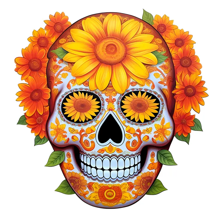 Colorful Sugar Skull with Flowers for Day of the Dead Celebration
